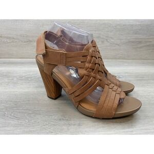 Clarks Women's Indigo Tan Brown Leather Woven Cage Block Heel Sandals 8.5